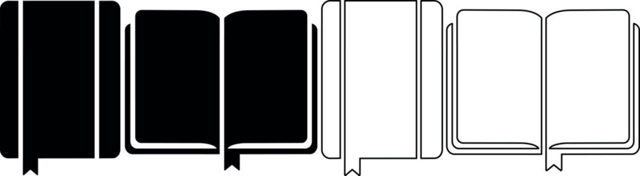 Collection of open and closed book icons in solid black and outline styles
