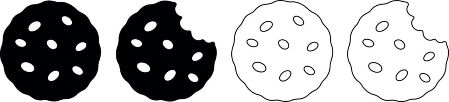 Set of four cookie icons, two solid black and two outline, one bitten