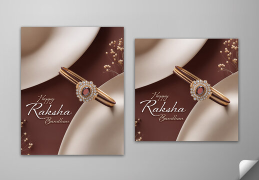 Editable Happy Raksha Bandhan Greeting Card Social Media Post Template Set with Elegant Rakhi Bangle on Brown and Beige Background.
