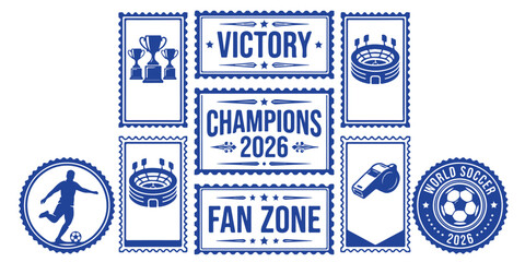 Obraz premium Soccer world champions 2026 collection of stamps and badges with stadium trophy and player