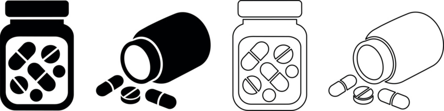 Various styles of a medicine jar with pills and capsules
