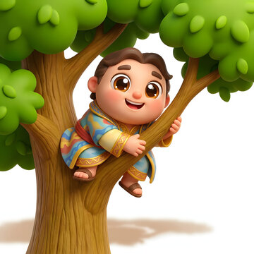 Zacchaeus cartoon character is a cheerful figure climbing a sycamore tree. Suitable for biblical teachings in colorful designs.