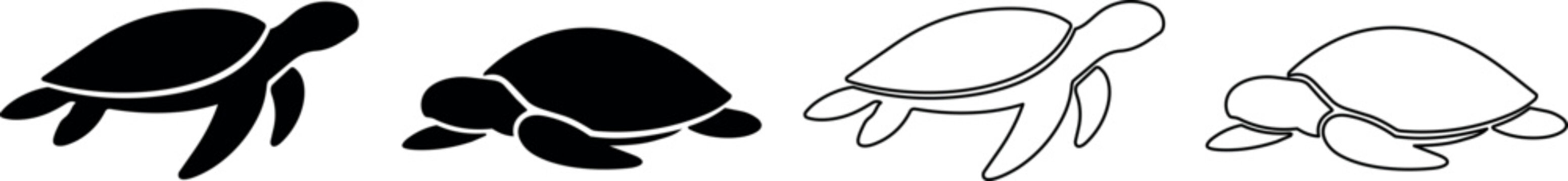 Collection of stylized sea turtle icons in black and white outlines