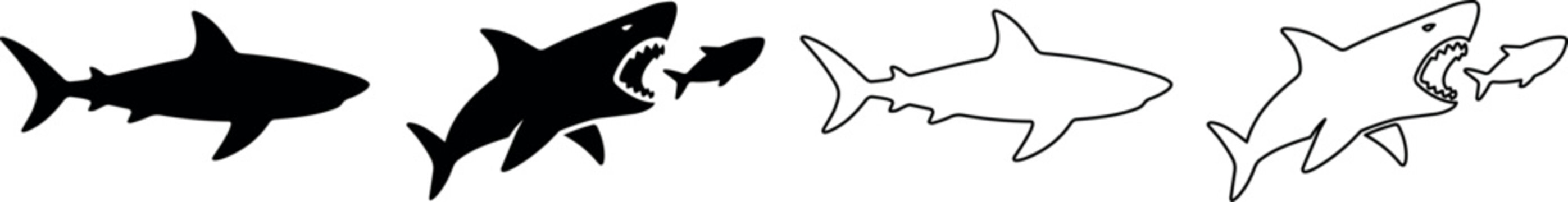 Shark and small fish icons, black silhouette and outline styles