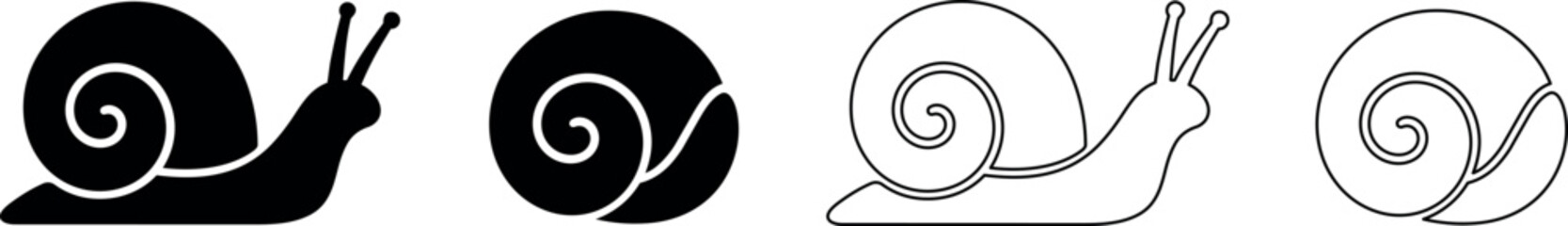 Set of stylized snail icons in silhouette and outline forms © Santiago