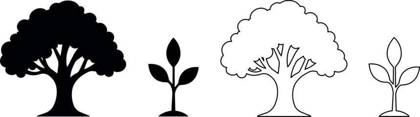 Simple silhouette and outline icons of trees and saplings © Santiago