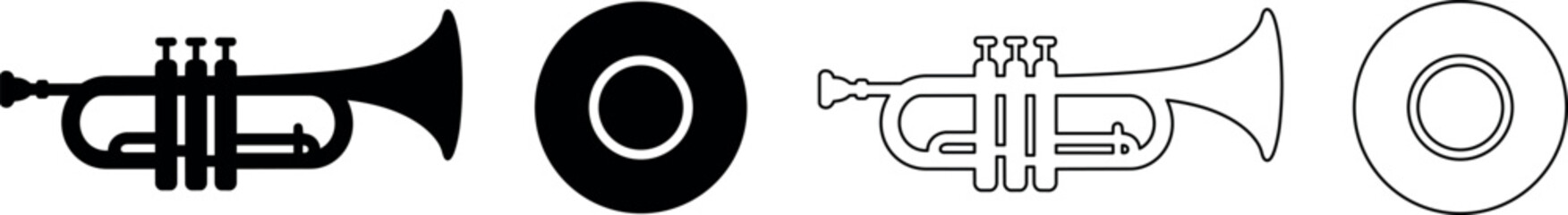 Set of trumpet icons in silhouette and outline styles for music and design © Santiago