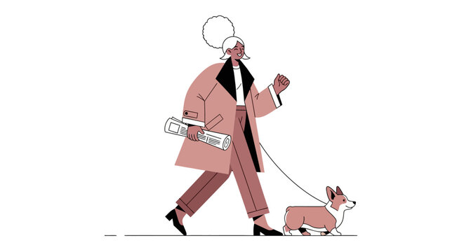 Elegant woman walking her corgi dog on a leash.
