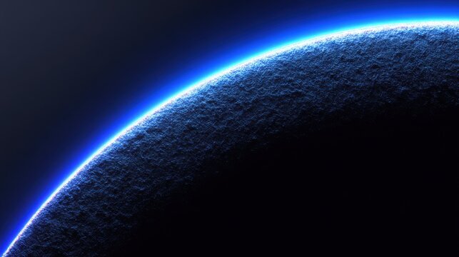 Cinematic blue planet horizon in deep space, glowing atmospheric light on curved planetary edge, textured surface of an alien world in darkness