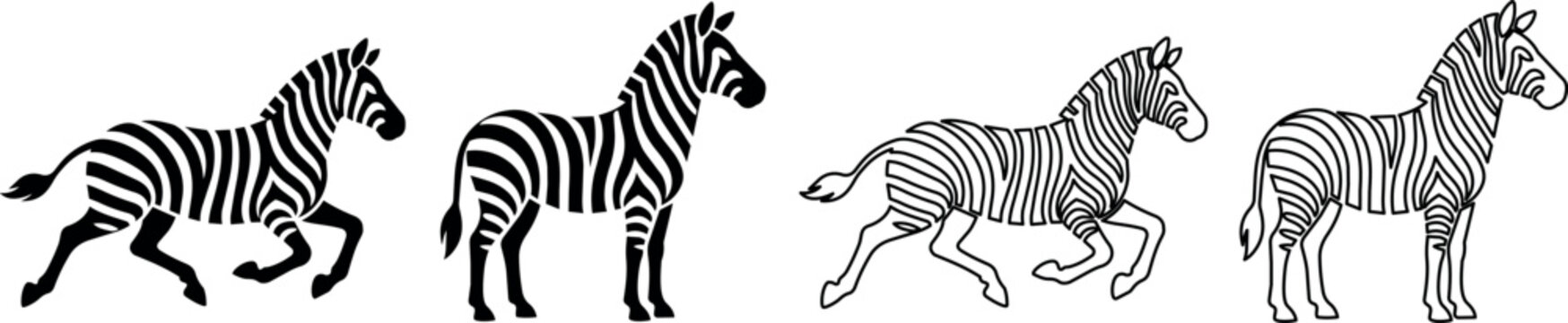 Collection of stylized zebras in various poses and artistic styles
