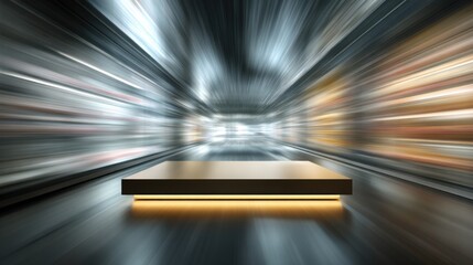 Fototapeta premium product podium with motion blur background, metallic display stage in high speed tunnel, glowing platform for technology showcase