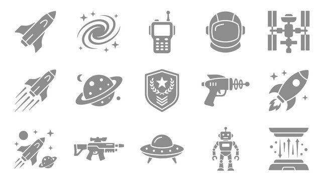 Collection of Sci-Fi and Space Icons Including Rockets, Astronaut Helmets, and Robots.