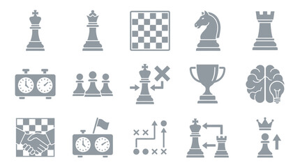 Collection of chess icons representing strategy, competition, and victory in the game. © yuanita