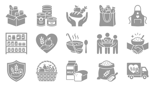 Collection of icons representing food donation and charity services for those in need.