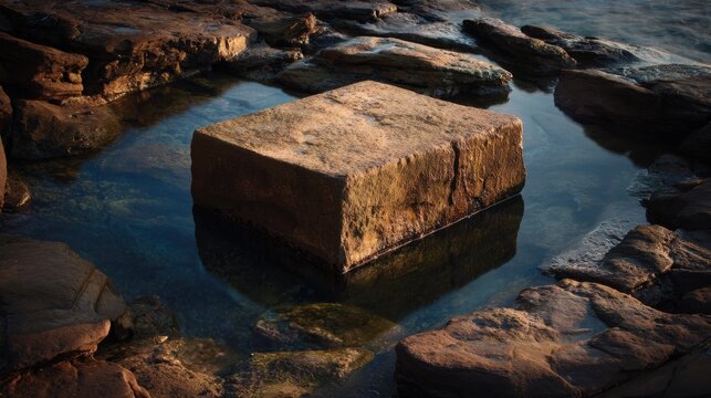 Natural stone podium in coastal rock pool, square rock pedestal for product display, organic sandstone block in water at sunset