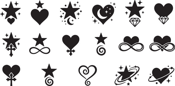 Collection of stylized icons and symbols such as stars hearts crescent moons diamonds and infinity for creative graphic design needs.