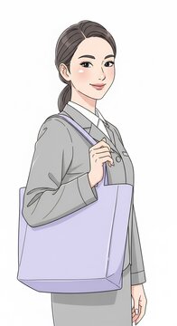 Woman in grey suit holds tote bag against a white background illustration