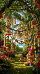 Fototapeta premium Vibrant Tropical Wedding Pathway Decorated with Traditional Indian Floral Garlands and Hanging Lanterns.