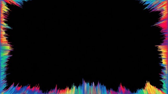 Vibrant rainbow explosion frame, colorful abstract border on black background, psychedelic light streaks and neon texture