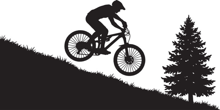 Black silhouette of a mountain biker jumping over a grassy hill next to a pine tree, isolated on a white background, also transparent background