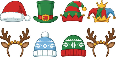 Christmas Holiday Hat and Headband Vector Set with Santa Claus Elf Leprechaun Jester Crown Reindeer Antlers and Winter Beanie Patterns for Festive Graphic Designs © rumi