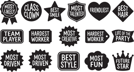 Collection of black chalk lettering and doodles for party photo booth props or yearbook superlative awards like most likely clown smile talented friendliest hair team player.