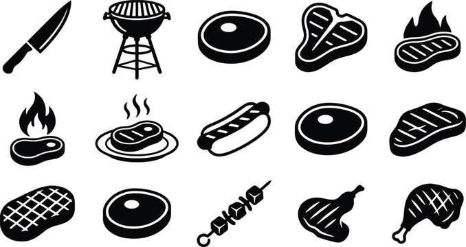 Barbecue Grill and Meat Silhouette Icon Vector Set with Steak Ribeye Hot Dog Kebab and Chicken Leg Symbols for Restaurant Menu Graphic Designs