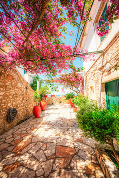 Holy Monastery of the Virgin Mary at Paleokastritsa in Corfu. Palaiokastritsa bay on the Greek island of Corfu