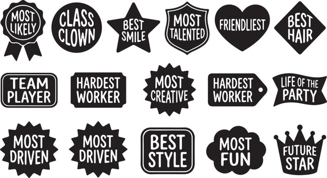 Collection of black chalk lettering and doodles for party photo booth props or yearbook superlative awards like most likely clown smile talented friendliest hair team player.