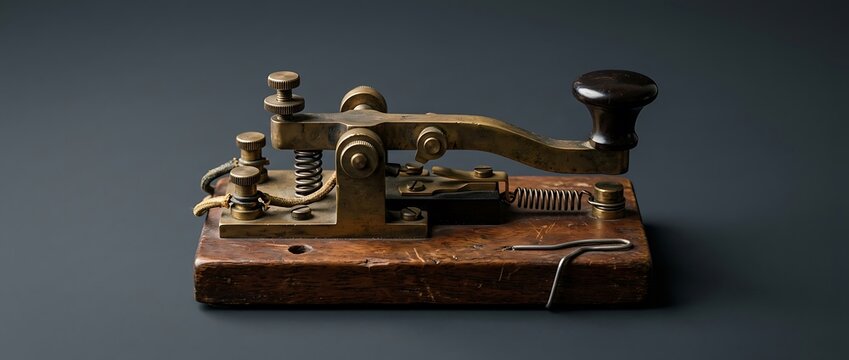 Antique Brass Morse Code Telegraph Key on Wood Base