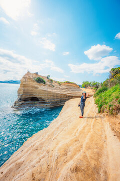 Cape Drastis, natural landscape with white rocks and turquoise waters, northern part of Corfu island, Ionian islands of Greece
