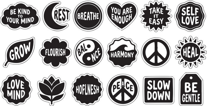 Positive affirmation stickers set with motivational quotes and cute shapes in hand drawn doodle style isolated on transparent background for personal digital planner scrapbooking design.