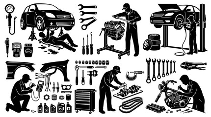 Obraz premium Mechanic equipment collection with workers repairing cars and tools in garage setting daily