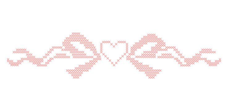 Ornate cross-stitch ribbon bow isolated on white background. A geometric pixelated embroidery knot pattern for cottagecore craft designs, clothing accents, and traditional needlework. Vector.