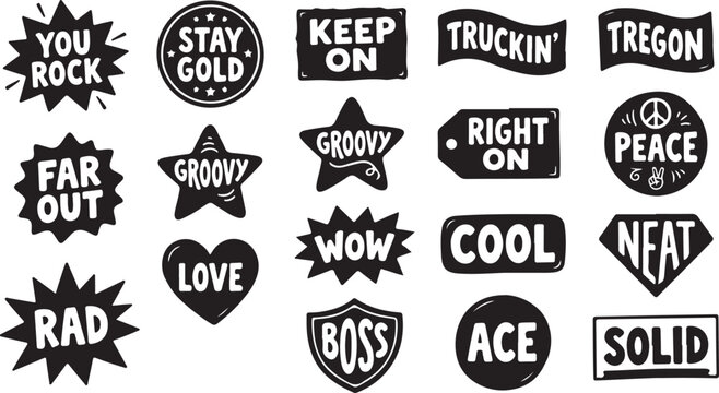 Retro slang word art stickers featuring vintage expressive phrases and shapes for scrapbooking digital planning or journaling projects isolated on transparent background set design.