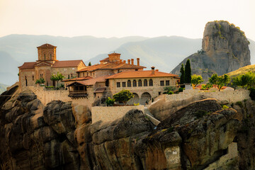 Fototapeta premium The monastery Meteora. Rocky monasteries complex in Greece near Kalabaka city. Monastery of the Holy Trinity