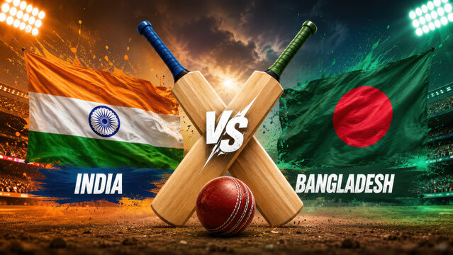 India versus bangladesh cricket match banner with bats and ball on stadium field