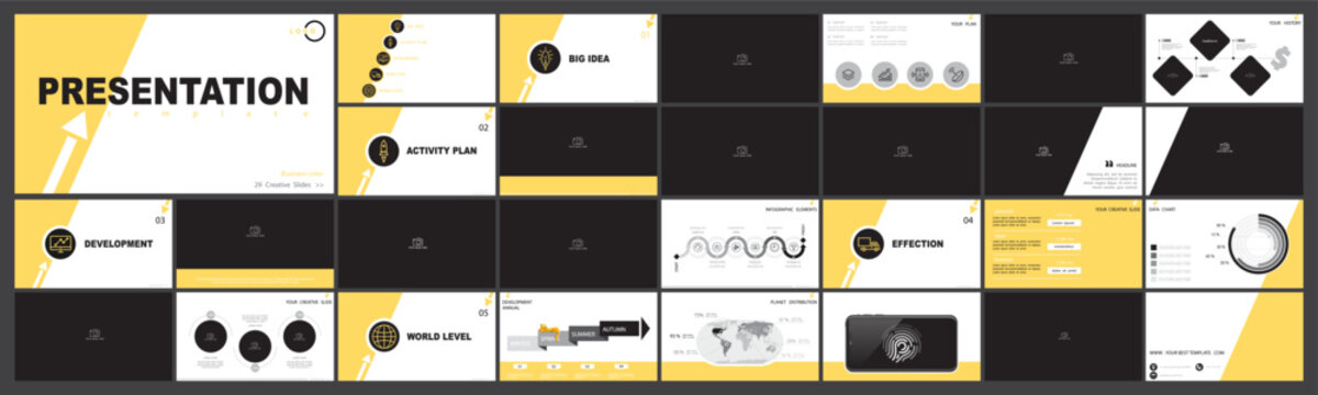 Business presentation template. Set, infographic elements, yellow design, white background. Financial building. Slideshow, corporate annual report, photo, smartphone. Vector illustrations
