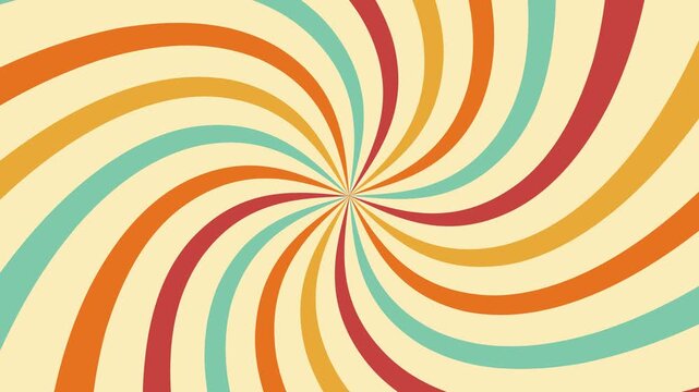 Seamlessly loopable animated video of a retro 70s swirl background with rotating colorful spiral waves. Vintage hypnotic twisted rays in red, orange, yellow and teal colors spinning on a cream backdro