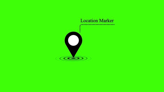 Location marker pin icon animation with text placeholder, radar ripples and dotted path on green screen background, minimalist map pointer keyable chroma motion graphic for tracking and navigation