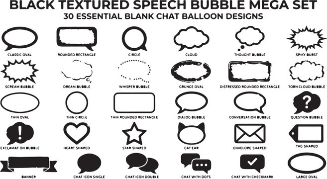 collection of 30 blank speech bubble shapes including classic oval rounded rectangle cloud and thought bubble designs.