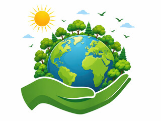 Naklejka premium A giant green hand holding a lush planet earth with trees and bright sunshine