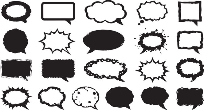 Diverse collection of grunge and distressed style speech bubbles isolated on transparent background for creative graphic design layouts vector art set of comic frames and boxes.