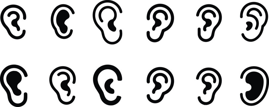 Human ear line icons vector set featuring variety of hearing organ outline symbols isolated on a white background