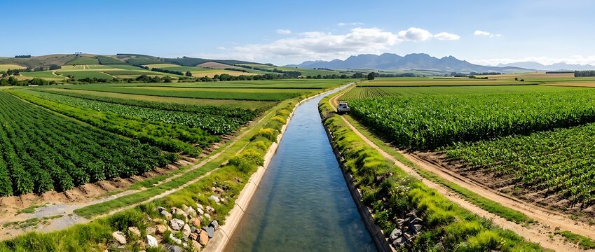 Panoramic view of a lush green agricultural landscape with an irrigation canal and mountains