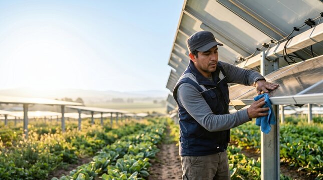 As sunlight bathes the vibrant farm, a dedicated worker wipes down solar panels, ensuring optimum efficiency. This scene highlights the harmony between agriculture and sustainable energy practices.