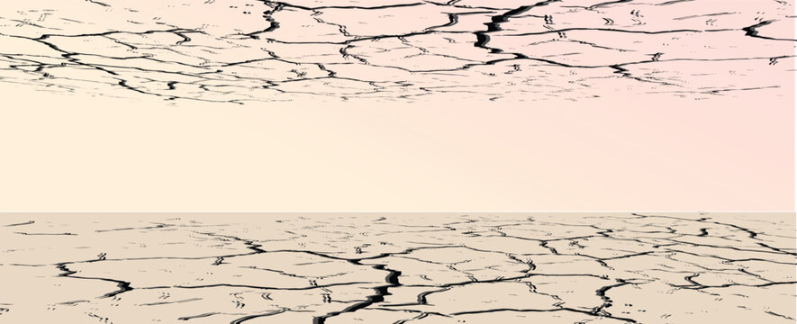 Panorama of a barren wasteland with cracked soil and barely visible sunlight amid an approaching sandstorm.  vector,abstract