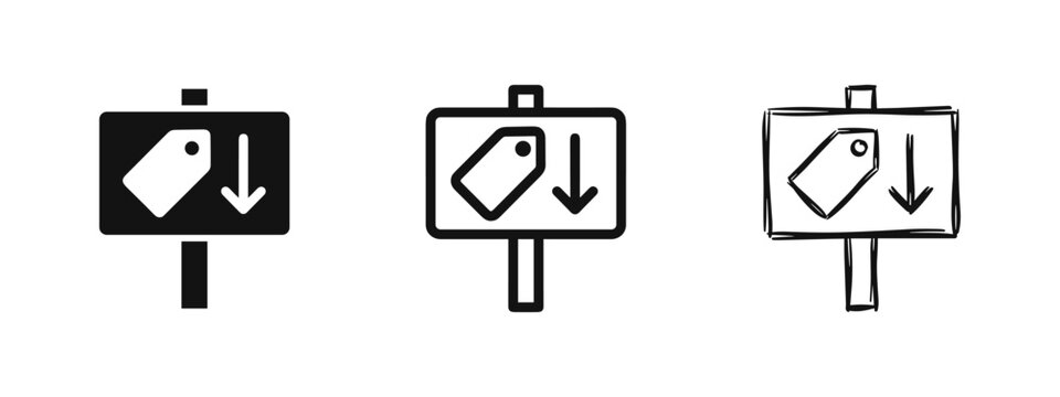 Price Drop Sale Sign Icon Set; Discount Promotion Marketing Symbols; Reduced Price Tag Graphics