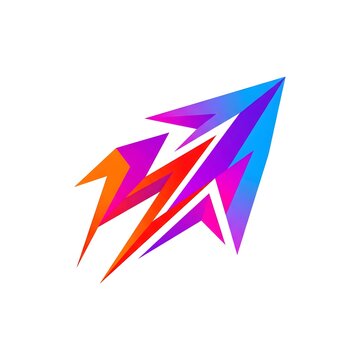 Multi‑arrow gradient logo with layered orange, magenta and blue arrows pointing forward, expressing acceleration, bold ambition and disruptive innovation for startups, delivery services, trading platf