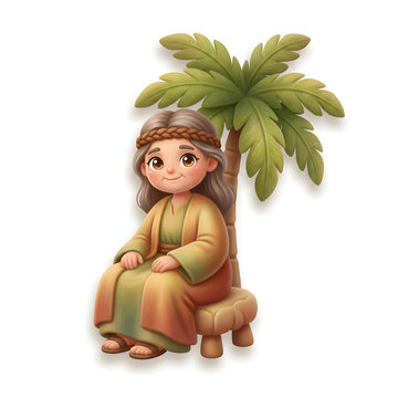 Cute biblical deborah character in a desert oasis background suitable for childrens books, religious publications, and educational materials.